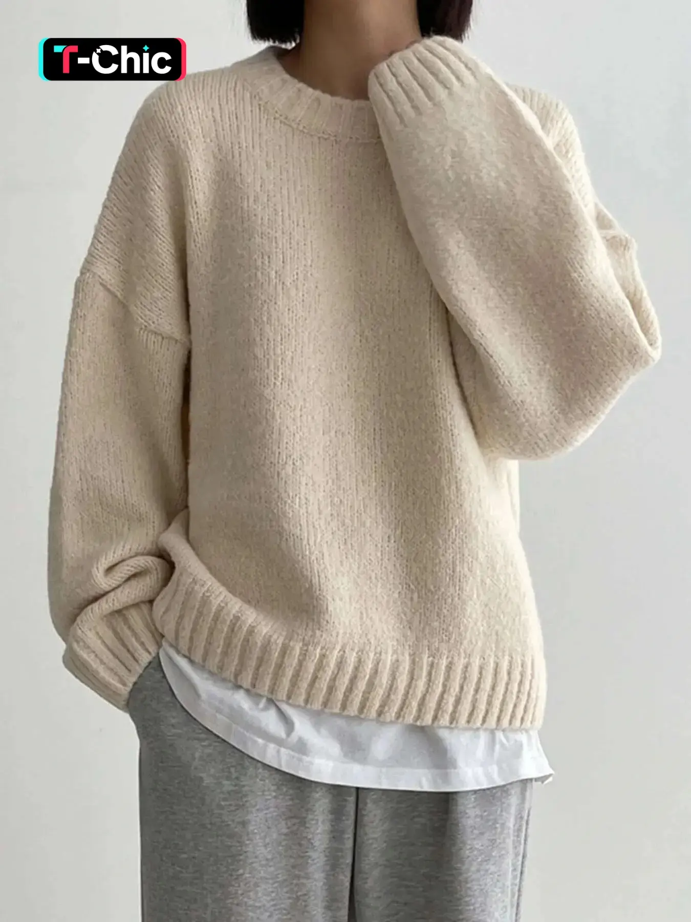 Women's Vintage Lazy Style Sweater, Autumn Winter Pure Color Soft Knit Top, Round Neck Casual Fashion Pullover, Versatile High-End Look, Knitwear
