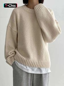 women's vintage lazy style sweater, autumn winter pure color soft knit top, round neck casual fashion pullover, knitwear versatile high-end look