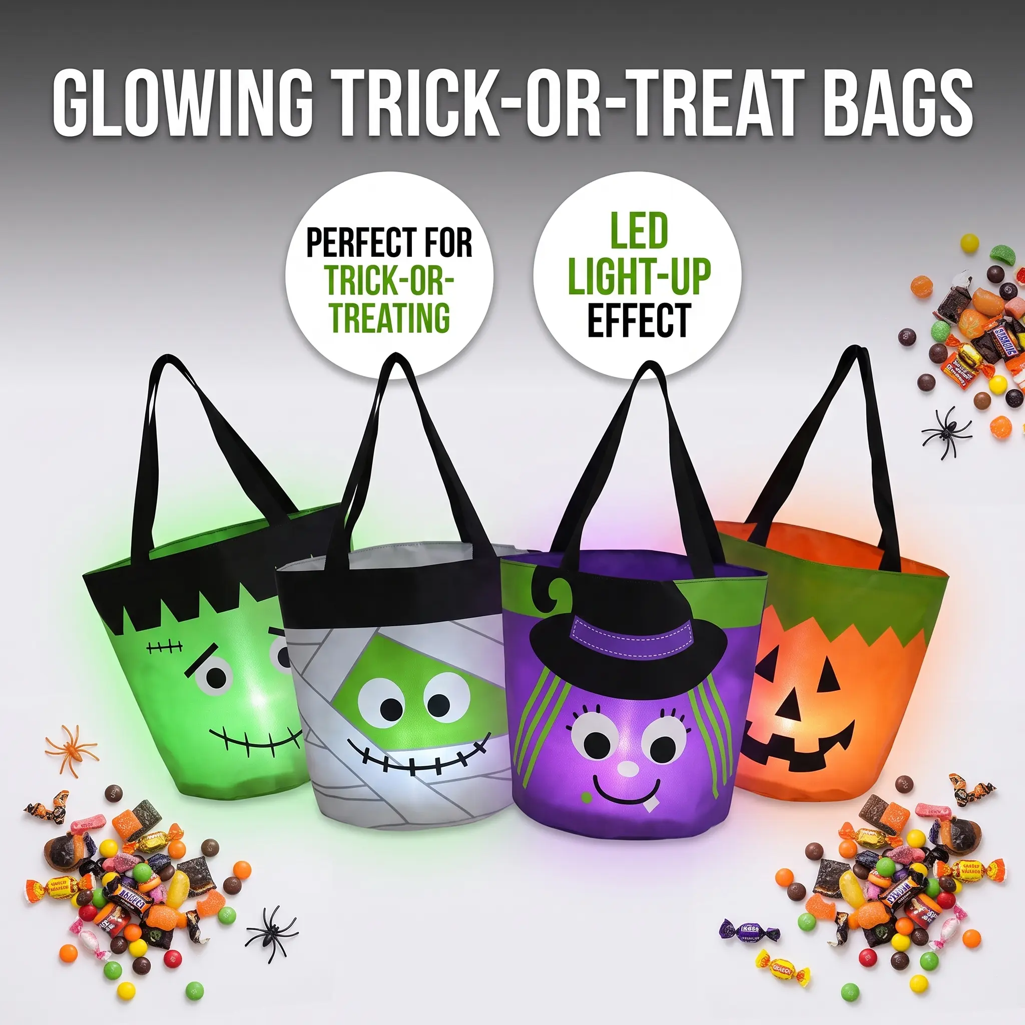 Lighted Kids' Halloween LED Tote Bag - 3 Flashing Modes, Large Capacity Glow Pumpkin Design, Trick-or-Treat Candy Holder for Halloween Party & Costume Accessories