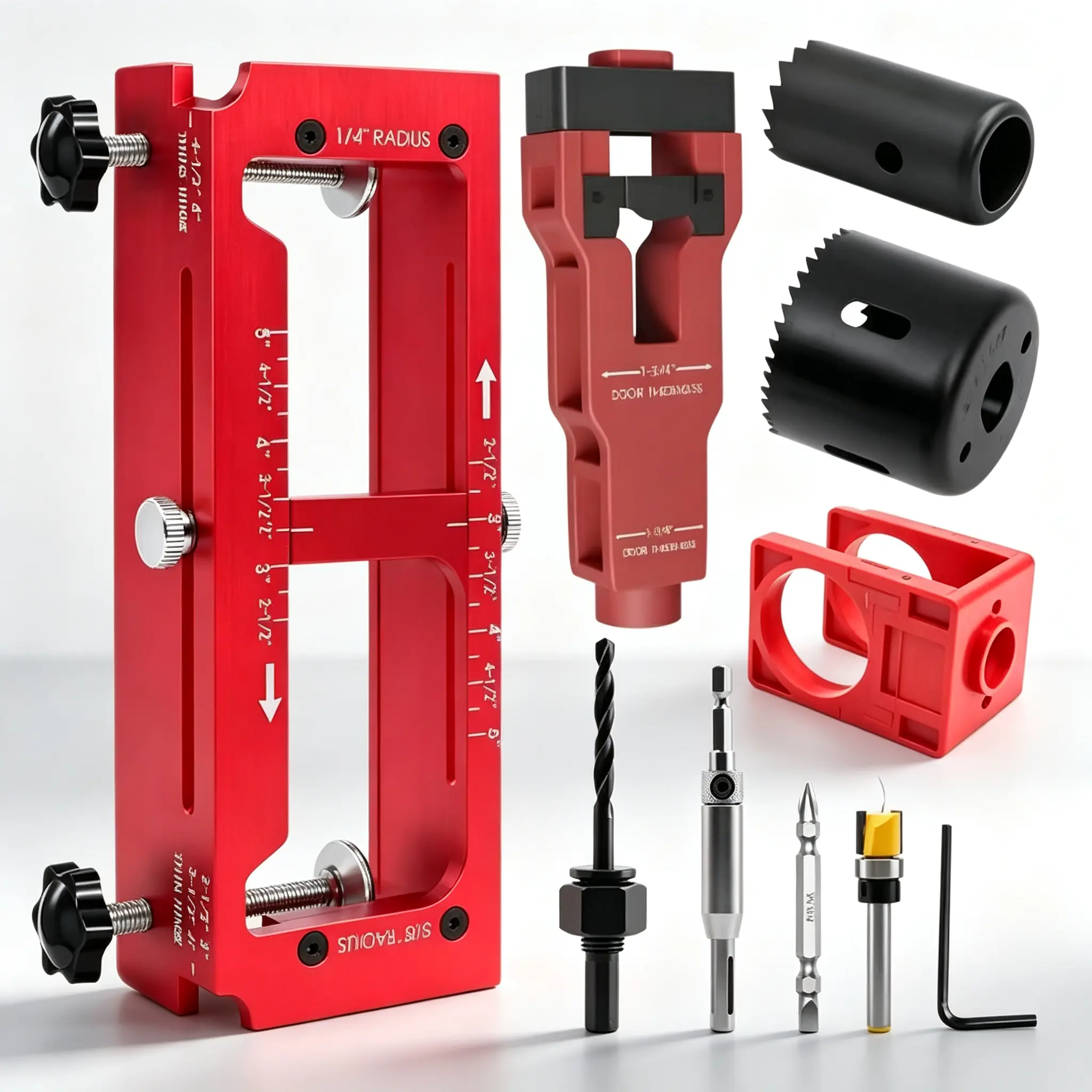 Door Hinge Jig Door Hinge Cut Out Tool for Door & Cabinet Hinges, Adjustable Mortising Template Fits 2.5" to 5" Hinges with 1/4" & 5/8" Radius & Square Corner Tools,Professional Woodworking DIY Door Installation Tool, Complete Kit