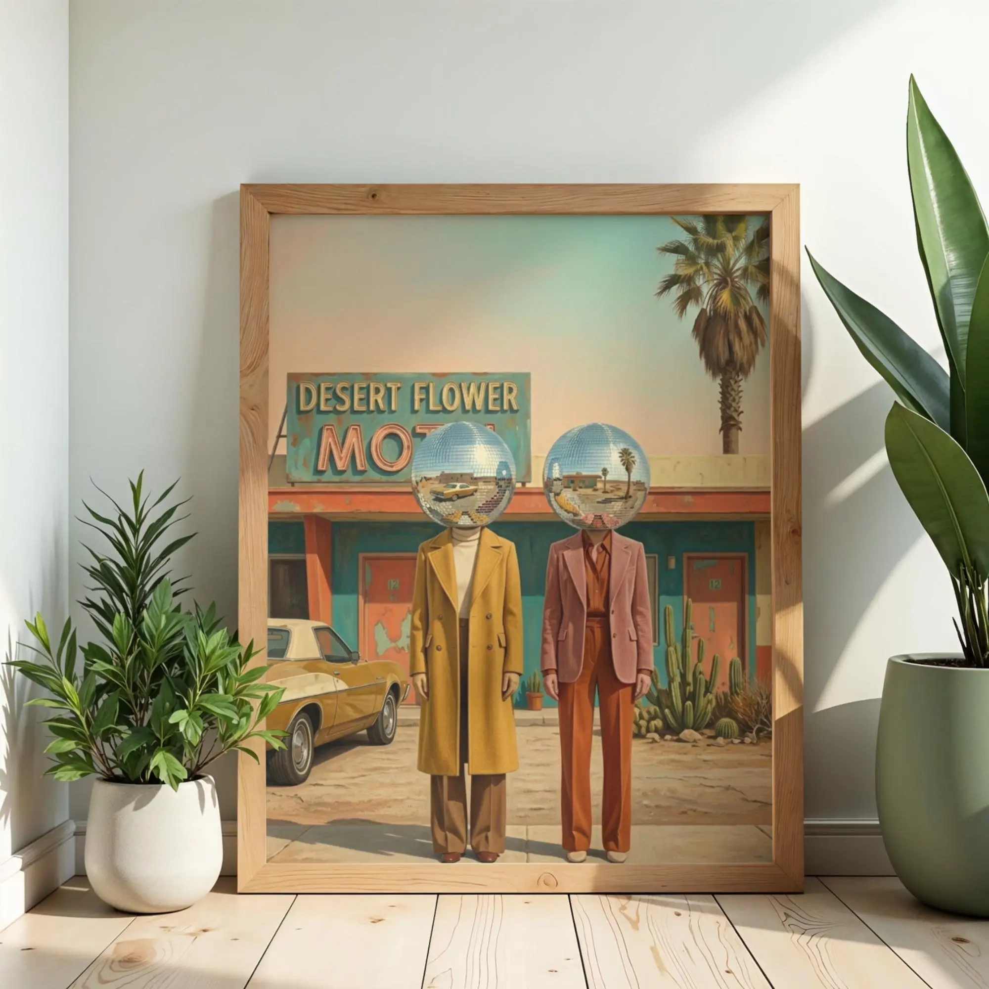 Disco Ball Head Western Poster, Surreal Desert Motel Wall Art, Retro 80s Pop Art Decor, UNFRAMED