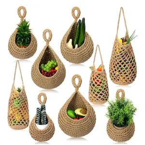 9 Pcs Jute Hanging Fruit Baskets for Kitchen Boho Hanging Basket Woven Wall Basket Storage Garlic Keeper for Potato Onion Banana Vegetable Produce Hammock Holder Home Kitchen Decor(Brown)