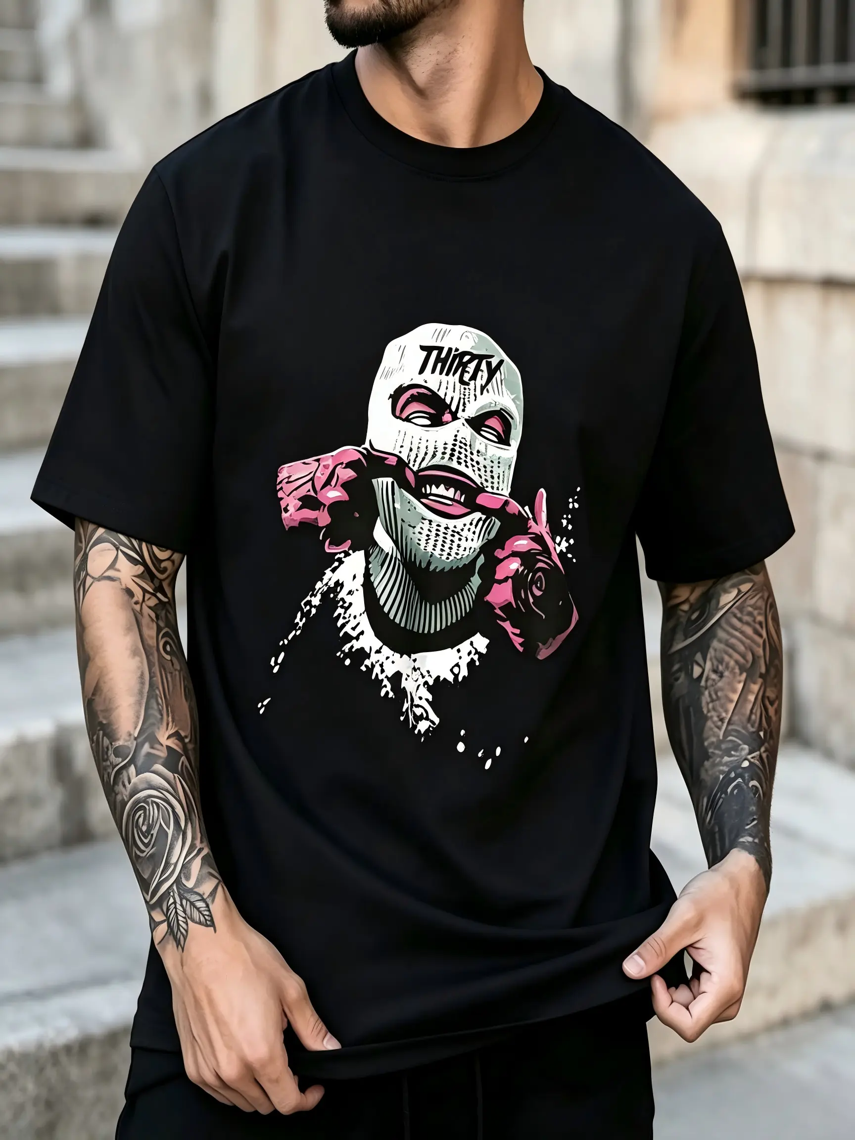 Men's Cotton Short-Sleeve T-Shirt - Black, 30 Balaclava Ski Mask Graphic, Pink Gloved Grinning Hands Design, Shortsleeve, Casual # y2k casual streetwear