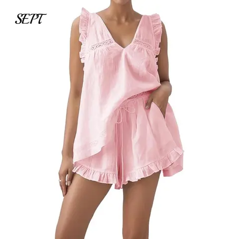 Womens Ruffle Pajama Set Soft Pure Cotton 2 Piece Sets Summer Sleeveless Lace Trim Top And Shorts