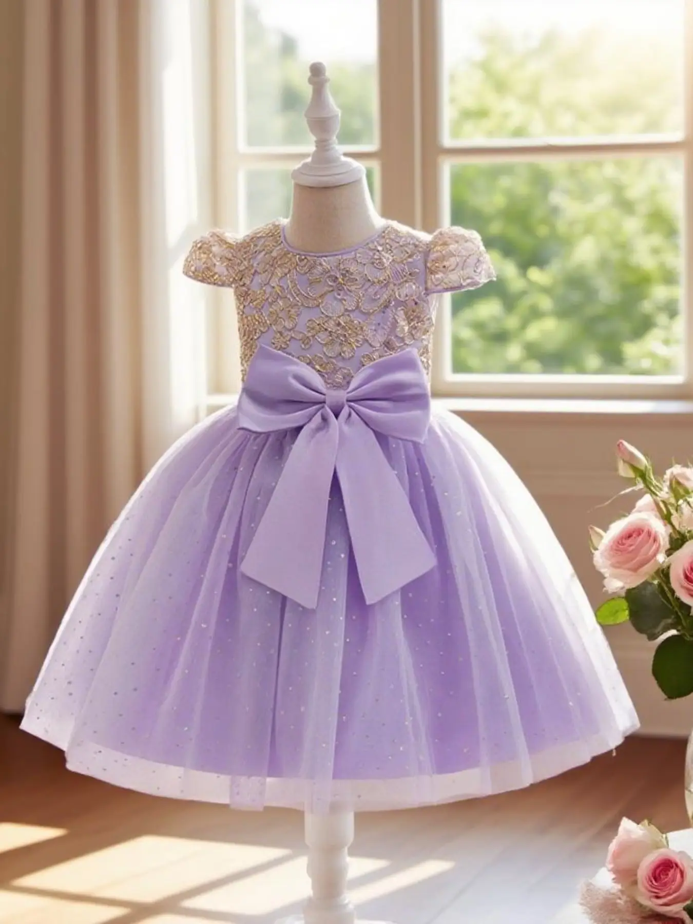 Girl's Bow Decoration Dress, Elegant Contrast Mesh A Line Dress for Party Performance Wedding Guest, Kids Clothes for All Seasons, Sparkly Dress