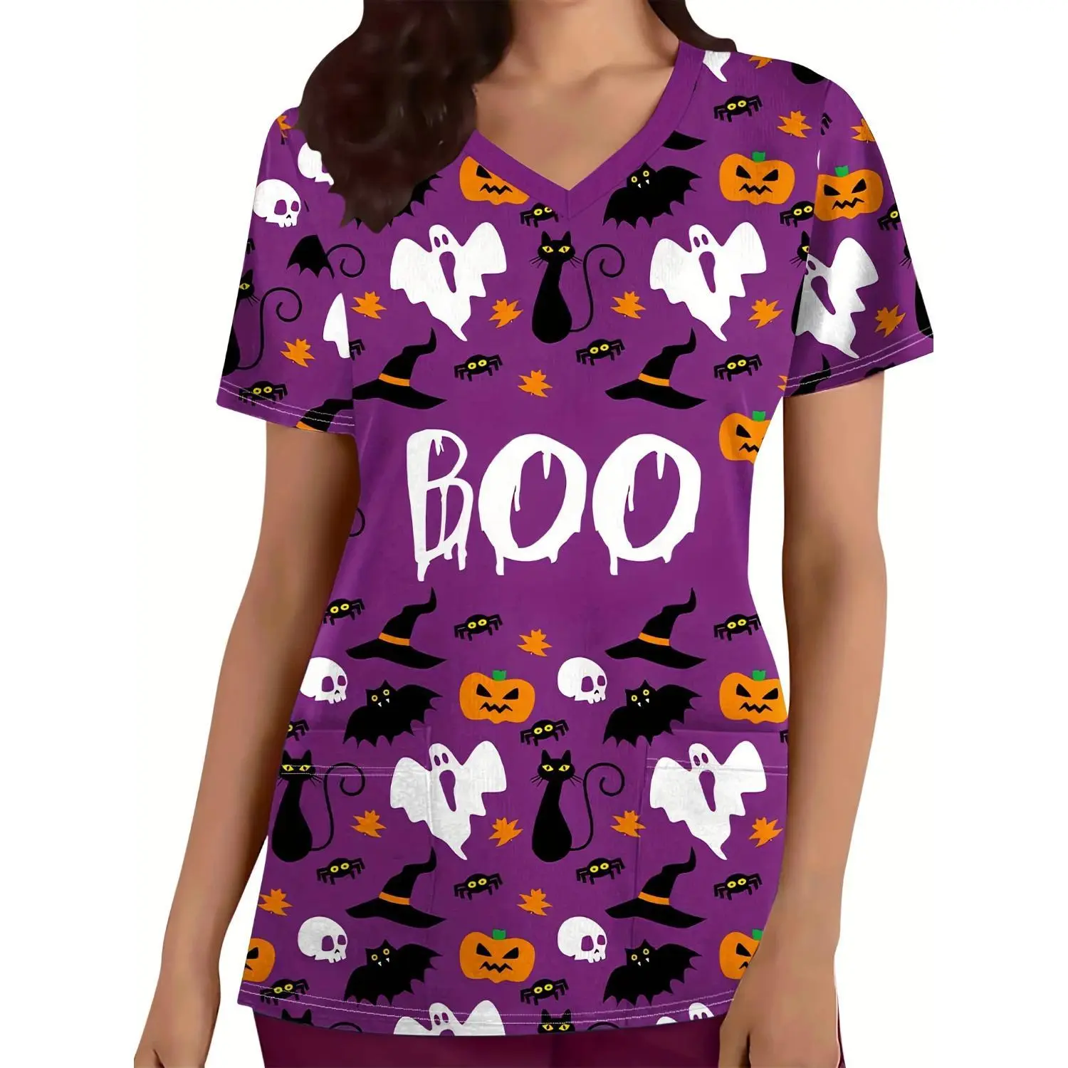 Women's Halloween Print V-Neck Scrub Top - Comfortable Functional Healthcare Uniform for Hospitals, Dental Offices & Medical Work Settings