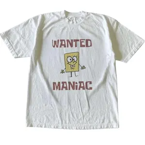 SpongeBob Wanted Maniac Meme Graphic Tee Funny Retro Cartoon White T-Shirt