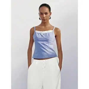 URBAN REVIVO 2026 Spring New Women's Sleeveless Fitted Spaghetti Strap Camisole - Minimalist French Countryside Plaid Patchwork Ruffled Basic Tank Top, Thin Stretchy Lightly Elastic Elegant Polyester Fabric Shell, UYL250097