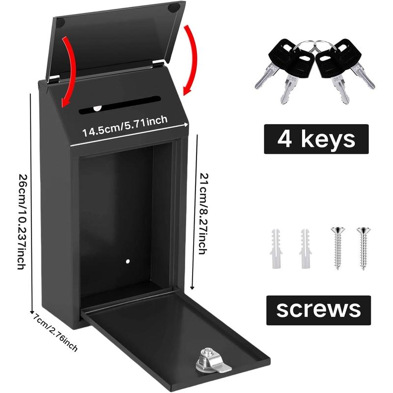 Metal Donation Box Collection Box Safe Suggestion Drop Box with Lock Wall Mounted Mailbox with Rain Cover Delivery Ballot Box with Slot for Outside  Office (Black)