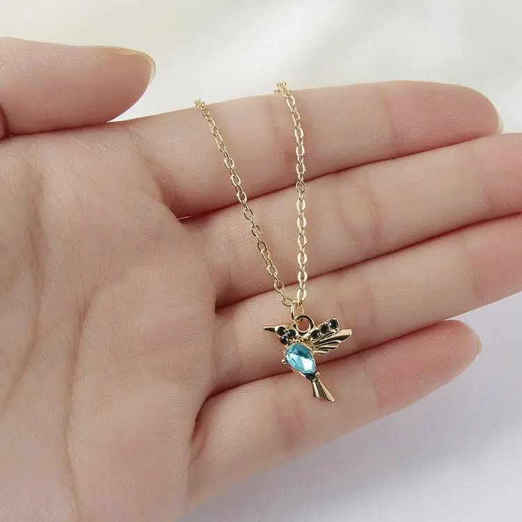 Blue Crystal Hummingbird Charm Pendant Necklace