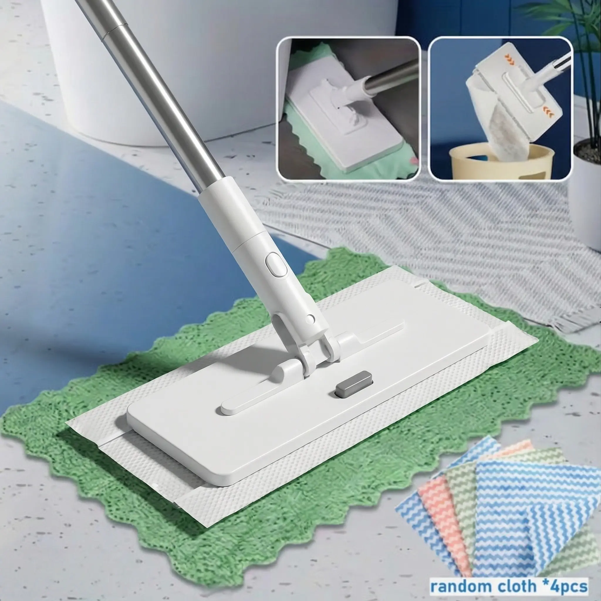 New Upgrade Mini Clamp Mop Set, Lightweight Floor Mop, Mops For Floor Cleaning, Cleaning Floor Mop, 5-Piece Includes Handle & 4 Cloths, Efficient Cleaning, Auto Change Pads, Dry Wet Use, Suitable for Bedroom Bathroom Glass