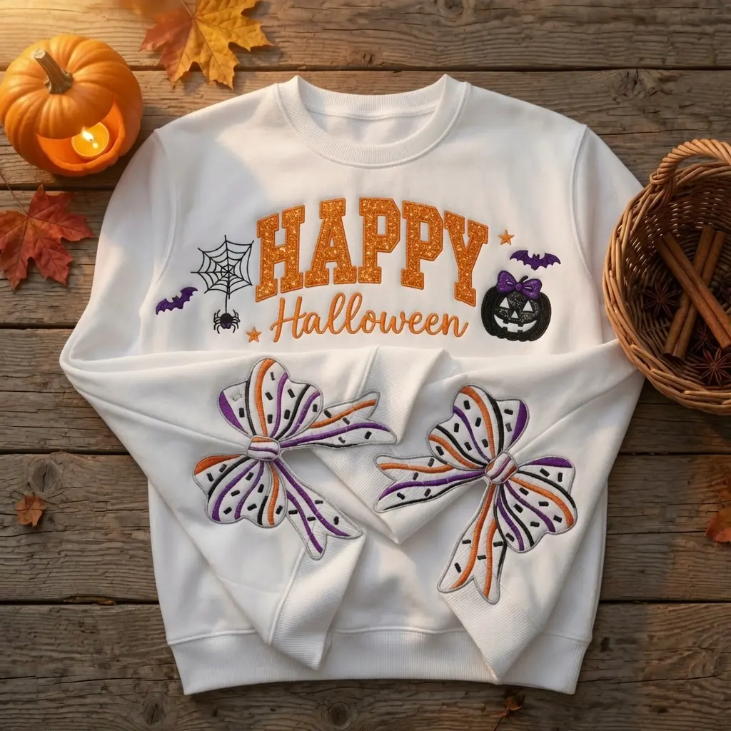 Happy Halloween Side Bow Embroidered Sweatshirt, Pumpkin Shirt, Cute Spooky Crewneck. Halloween Gift Idea