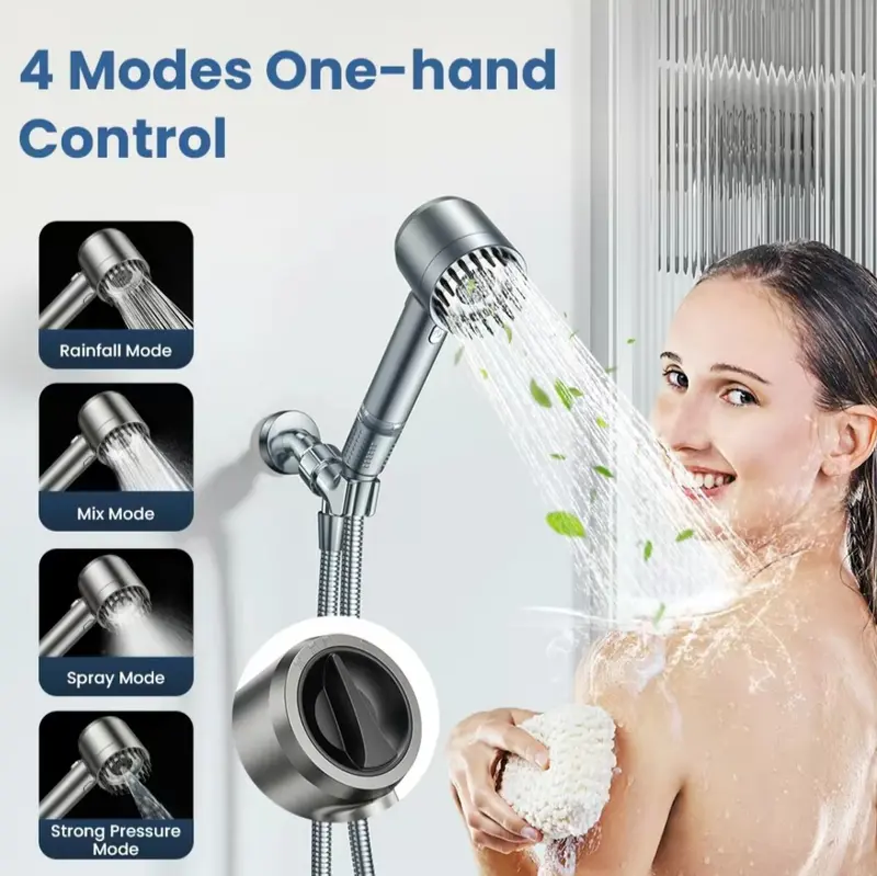 Jomst Handheld Filter Booster Shower Head 4 Spray Modes 5.25 Inches Stainless Steel Hose ABS Material with High-Pressure Water