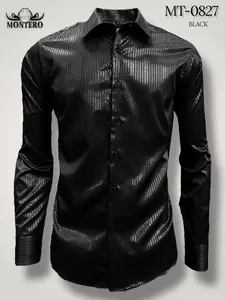 Montero MT-0827 Black Microfiber/SpanDEX Long Sleeve Button-Up Casual Shirt for Men Comfortable Stretchy Fit Versatile Everyday Wear