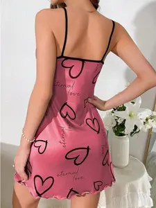 Heart & Slogan Graphic Contrast Binding Lettuce Trim Cami Pajama Nightdress