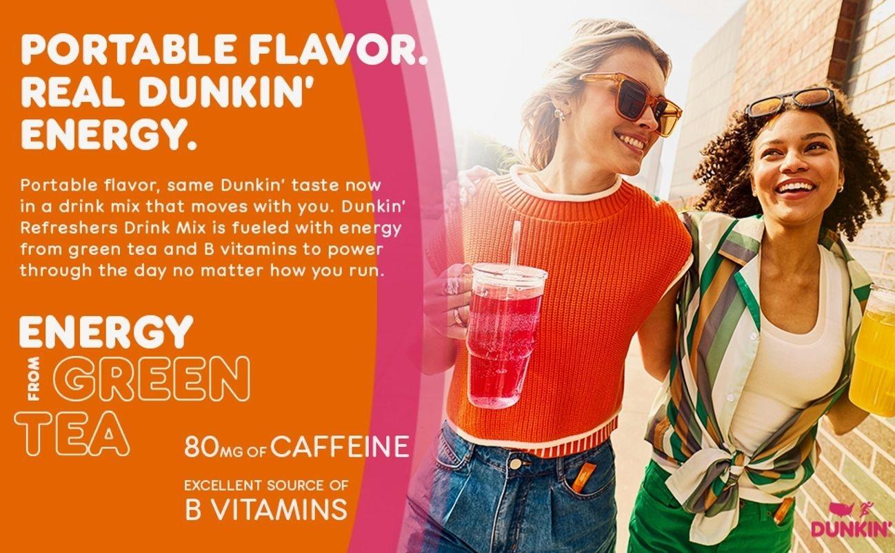 Dunkin’ Refreshers Singles To Go! Powdered drink mix packets, Strawberry Dragon fruit Lemonade, 10 packets per box , Energy from Green Tea, aspartame-free, no synthetic colors, naturally and artificially flavored, just add water
