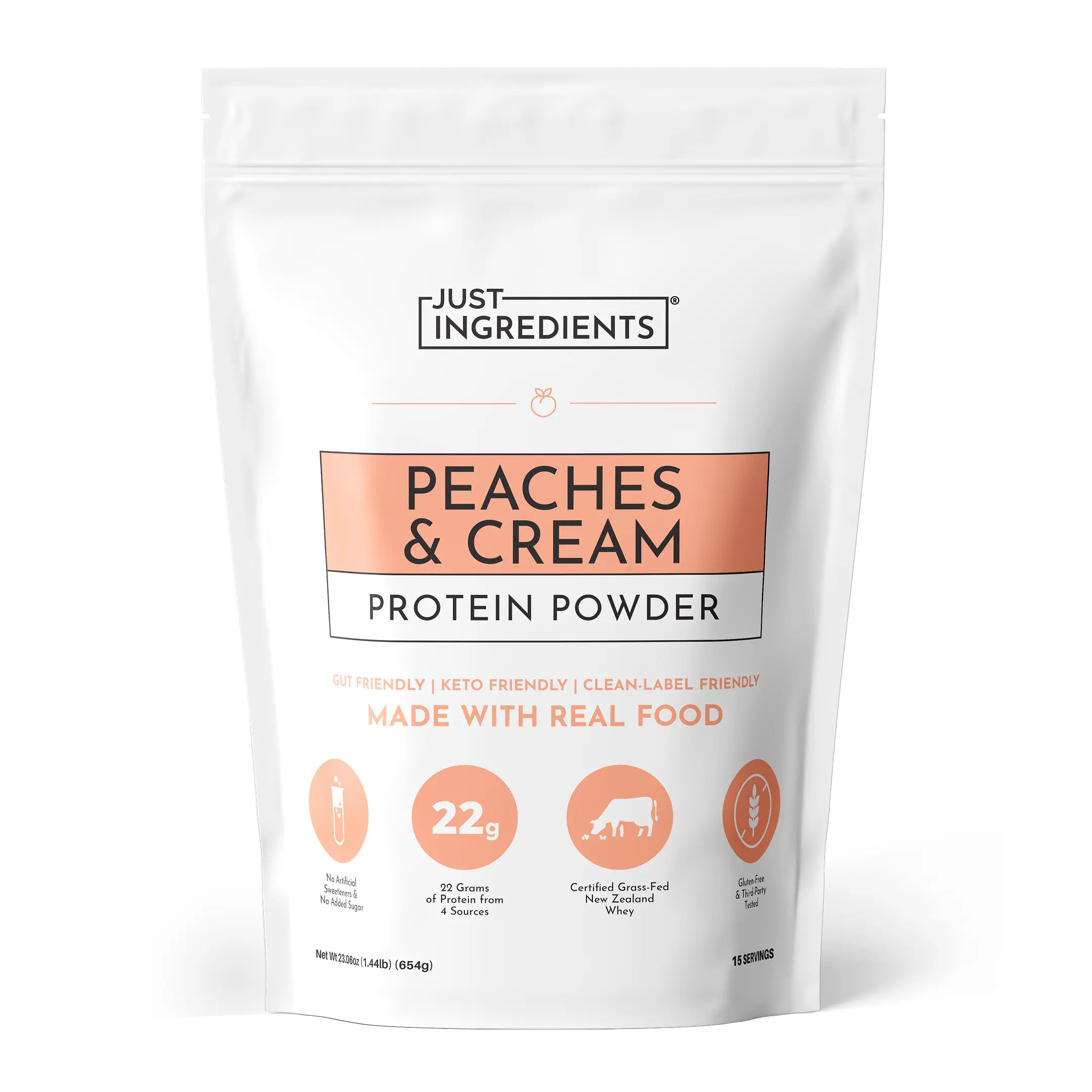 Just Ingredients - Peaches and Cream Protein Powder (15 servings) - with Certified New Zealand Grass-fed Whey