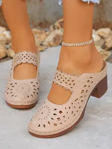 Women's Fashion High Heel Sandals, Closed Toe, Thick Sole, Slip-On, 6.8cm Heel Height, PU Leather, Rubber Sole, Plain Pattern, Footwear