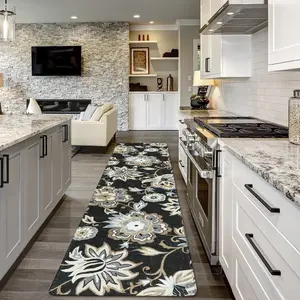 Floral Black Runner Rug - 2x8 Kitchen Runners Non Skid Washable 8 Ft Non-Slip Stain Resistant Long Runner Rugs for Hallway, Paisley Print Accent Ultra-Thin Runners for Bedroom Entryway Foyer