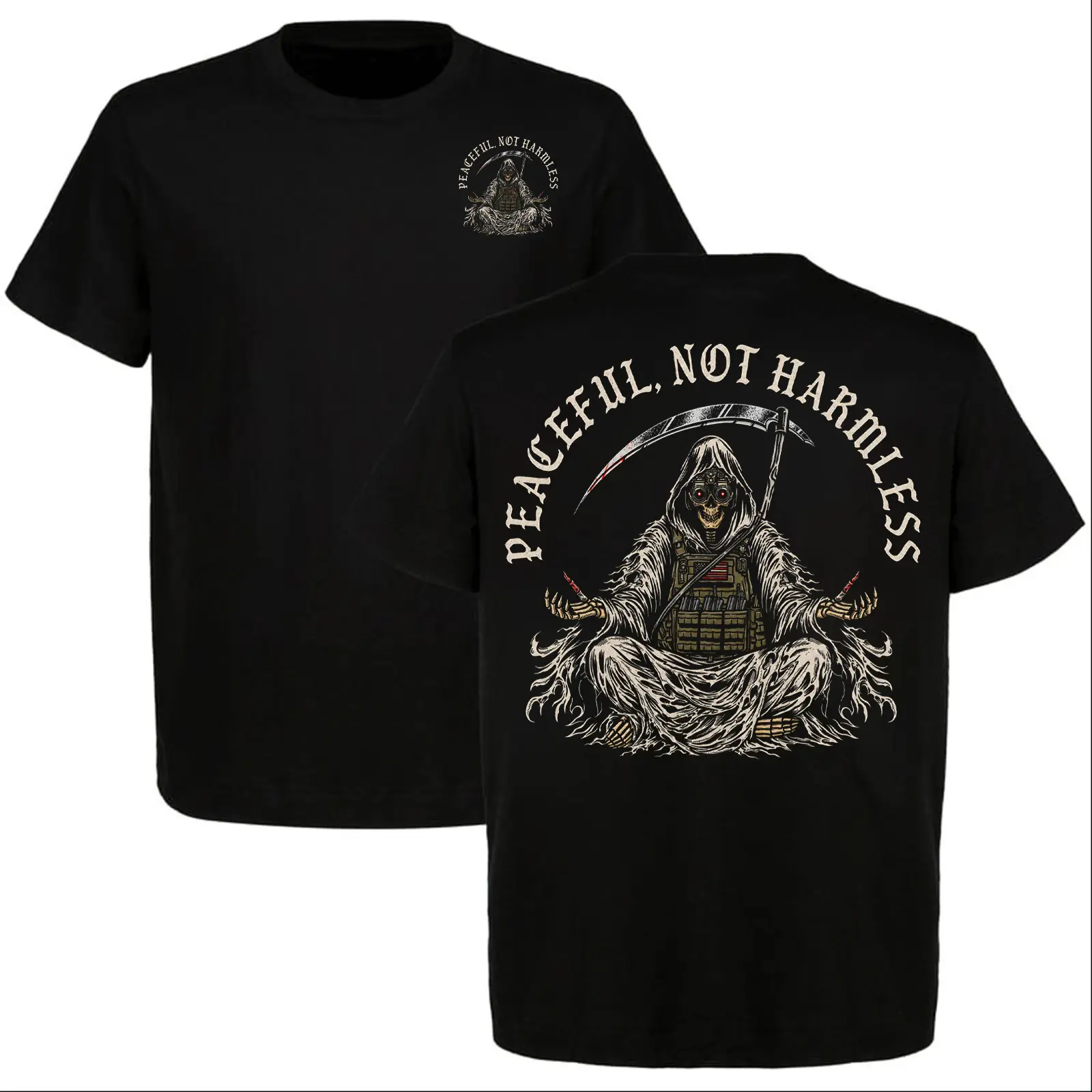 Peaceful Not Harmless Grim Reaper T-Shirt, Tactical Skeleton Gothic Graphic Tee, Front and Back Print, Dark Humor Gift for Men