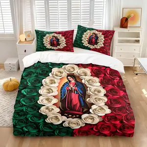 Our Lady of Guadalupe Theme Decorative Duvet Cover Set, Includes Quilted Blanket & Pillowcase, Rose Diamond Pattern, Comfortable Home Decoration, Create a Solemn and Artistic Religious Atmosphere for the Bedroom
