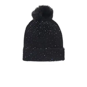 Tajuana Black Rhinestone Beanie With Fur Pom