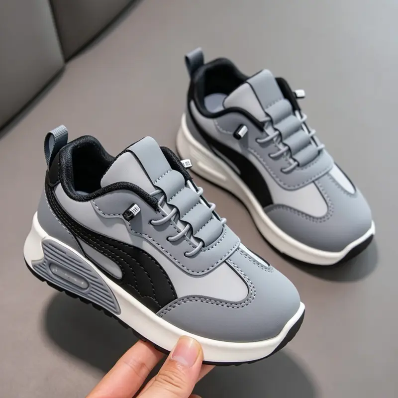 Spring Kids' Retro Casual Low Top Sneakers, Elastic No-Tie Lace Slip-On Chunky Trainers, Nonslip Trainers, Non-Slip Cushioned Casual Sport Shoes for Daily & Outdoor Play
