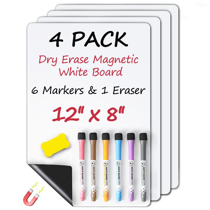 4PCS 12"x8" Magnetic Dry Erase WhiteBoard for Fridge w/ 6 Markers & 1 Eraser - Small Magnet Blank White Board Organizer and Planner for Home, Kitchen, Office, Refrigerator, Wall, Door, Cabinet