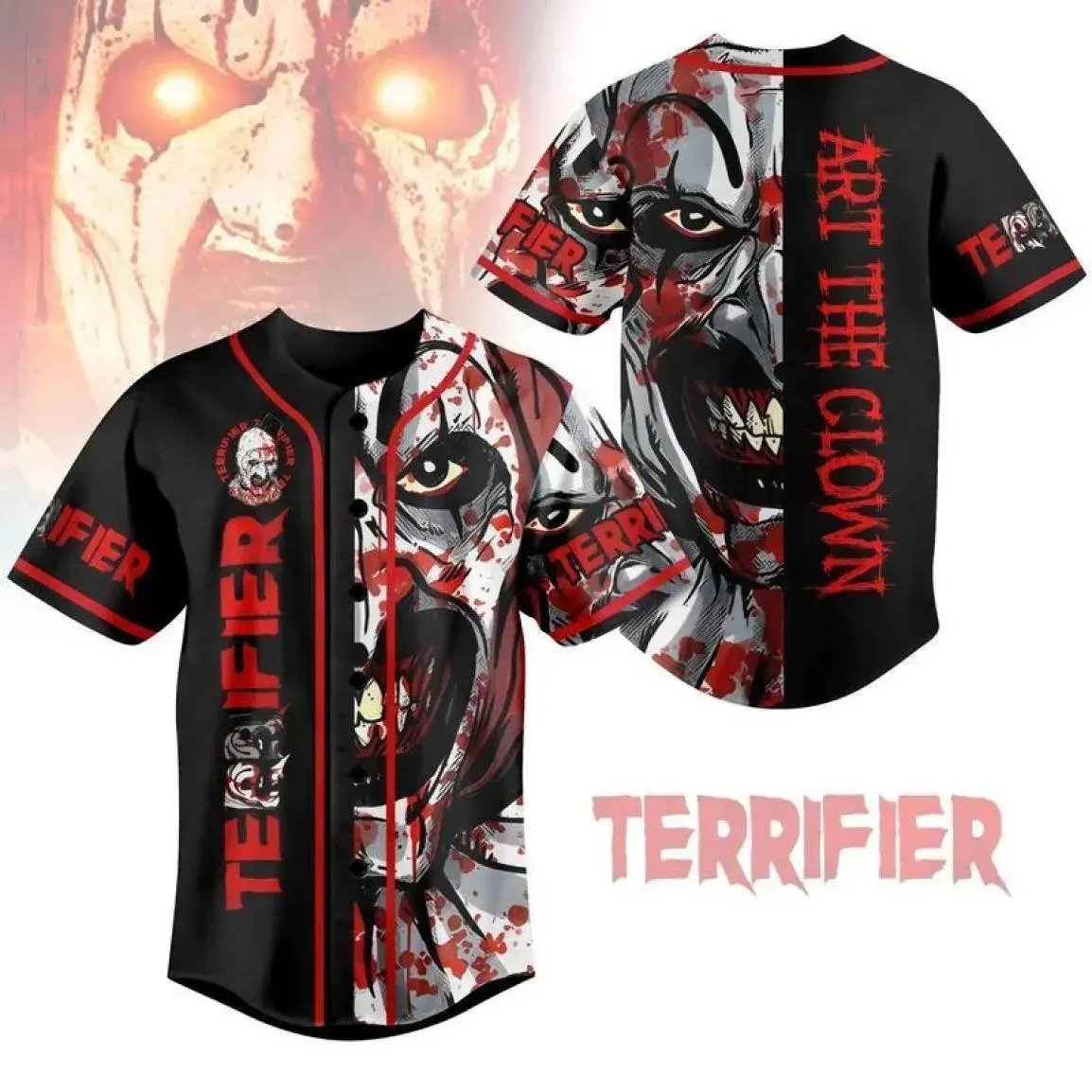 Art the Clown Inspired Horror Baseball Jersey – Graphic Button Up Shirt, Unisex Streetwear Sports Jersey, Gift for Horror Movie Fans