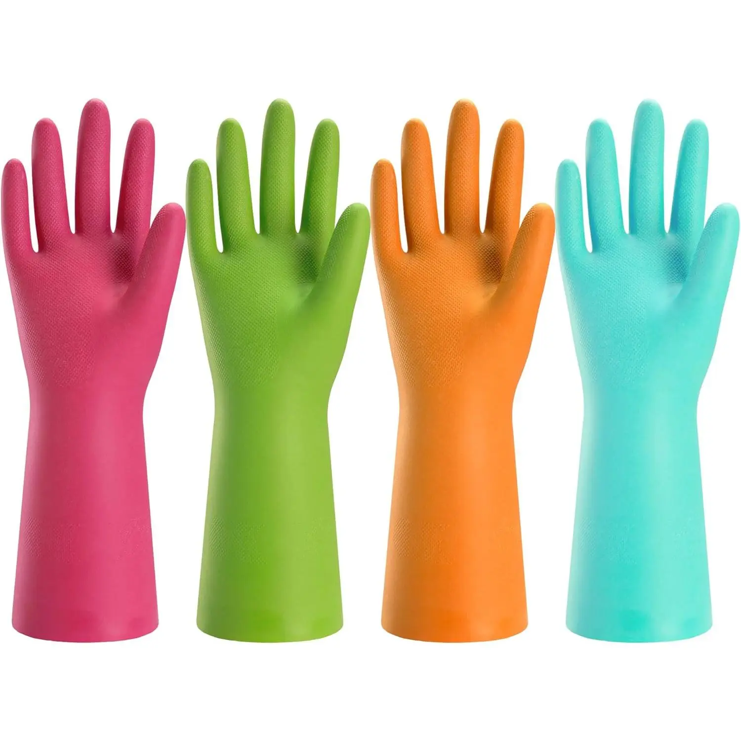 Reusable Rubber Cleaning Gloves, 4-Pack Colorful Latex Heavy-Duty Highly Elastic Gloves for Kitchen Household Dishwashing, Flexible, Long-Lasting, Waterproof, Leak-Proof (Medium, Blue+Green+Red+Orange, for Adults)