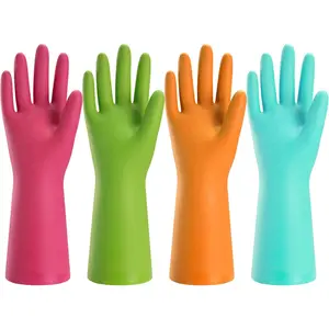 Rubber Cleaning Gloves for Kitchen - 4 Pairs Reusable Dishwashing Gloves for Household, Flexible Long-lasting & Waterproof (Medium, Blue+Green+Red+Orange)