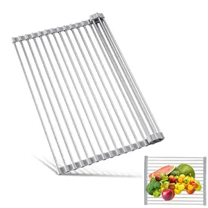 Roll Up Dish Drying Rack, Heavy Duty Stainless Steel Over The Sink Drainer, Foldable Space Saver with Heat Resistant Trivet Mat, 17.5 x 14 Inch
