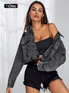 New Women's Fashion Trendy Classic Ripped Versatile Streetwear Denim Jacket, Top, Womenswear, Fitted Style, Zipper Fly Closure, Perfect for Spring
