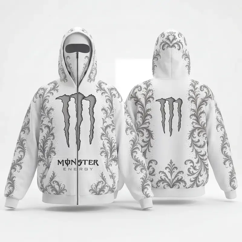 Graphic Full Zip Hoodie, Barbed Wire Scrollwork Print Zip Up Sweatshirt, Streetwear Activewear Pullover
