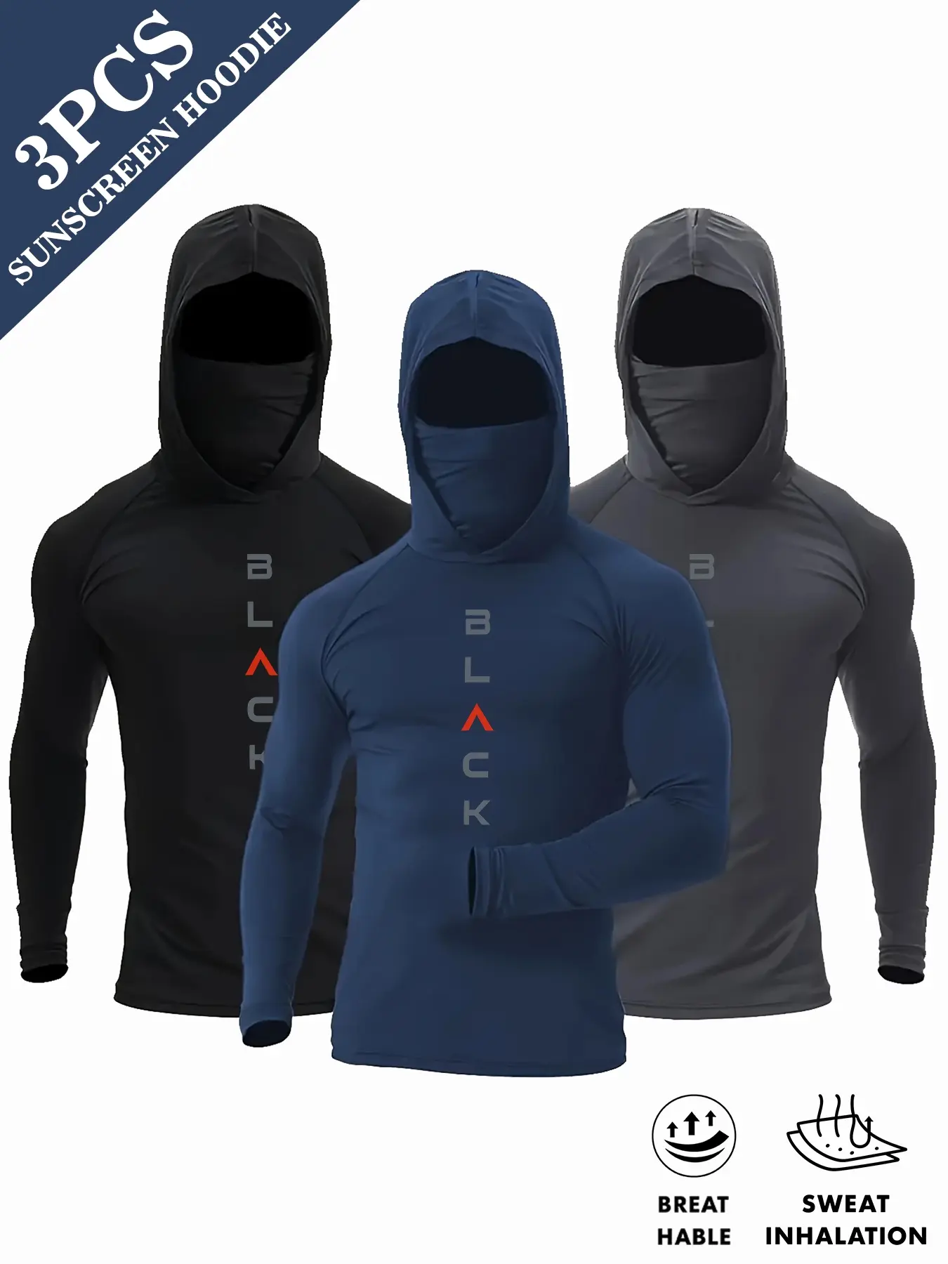 Set of 3 men's quick-drying windproof hooded long-sleeve sports tops, Fitted Design Activewear Fitness Workout, includes face mask, suitable for outdoor activities, running, and fitness compression sportswear., Athletic Hoodies