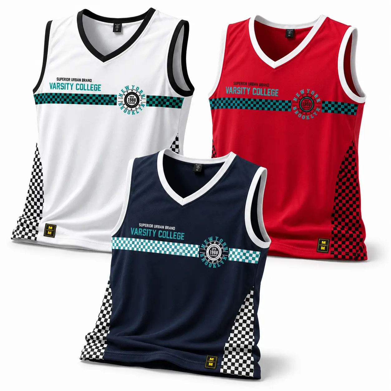 3pc Varsity College Sleeveless Basketball Jersey, V-Neck, Checkered Print, White, Red, Navy Blue
