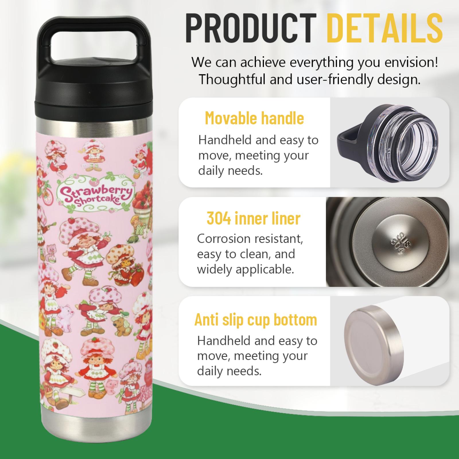 20oz New Stainless Steel Handled Tumbler Strawberry Shortcake Design Portable Water Bottle for Home Office School TikTok Viral Cup Trending Aesthetic Reusable Gift Cute Girls Tumbler