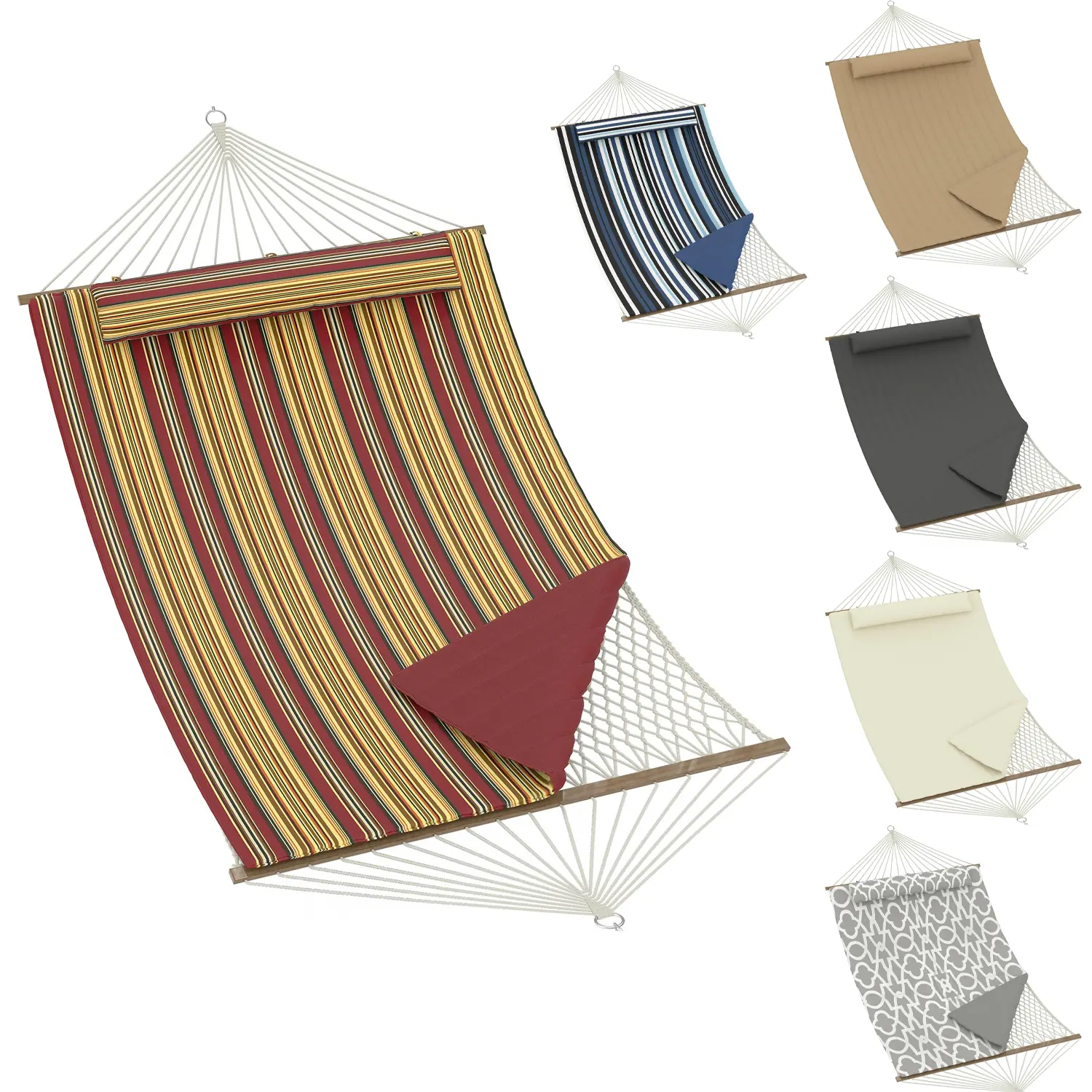 2 Person Outdoor Hammock with Stand - Quilted Cotton Rope & Polyester Pad - Adjustable Steel Frame - Removable Pillow, 500lbs Capacity - Patio, Garden, Beach