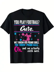 Funny Football Cheerleader Graphic T-Shirt - "You Play Football?We Threw 100 Pounds " Slogan, 100% Cotton Retro Unisex Crew Neck Tee with Cheerleader Pom-Poms Design, Pink & Blue Print, Casual Short Sleeve Top for Men & Women, Spring Summer Fall Party Ou