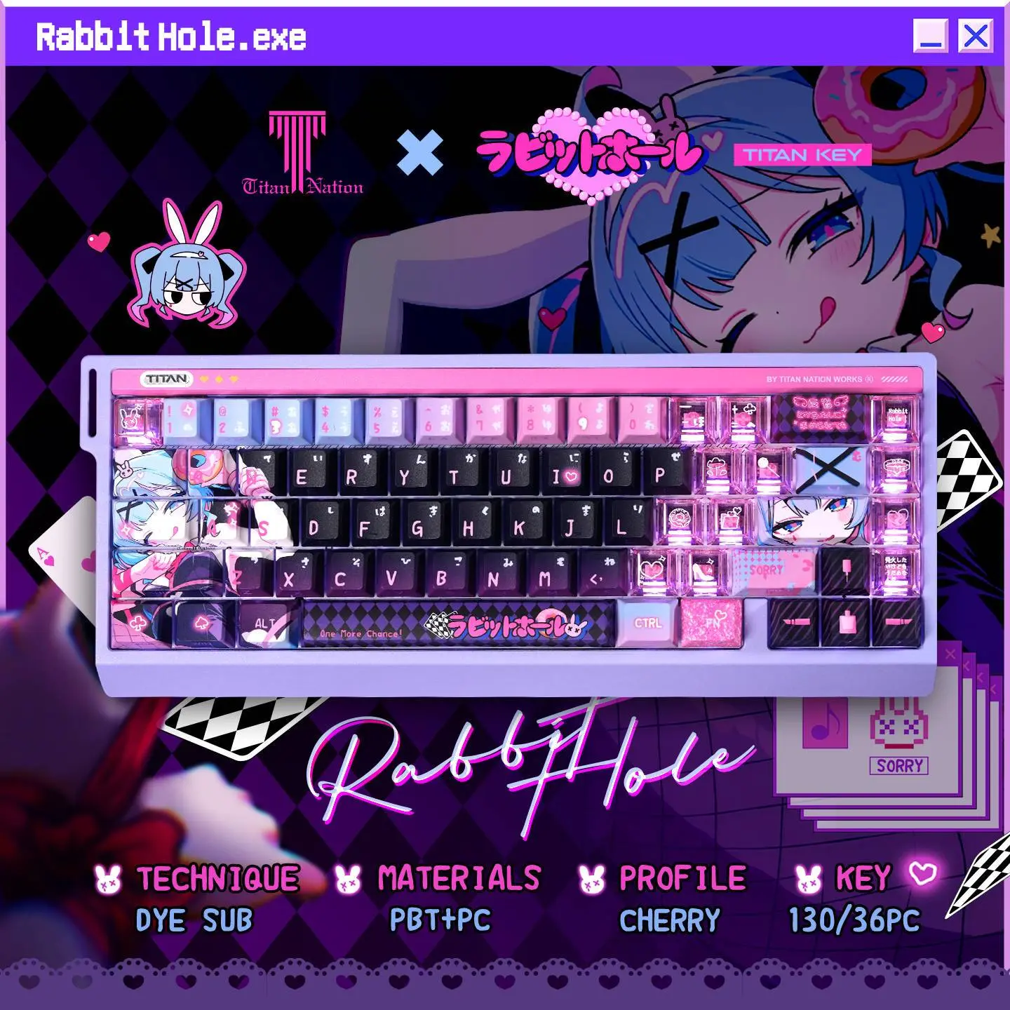 Titan Kingdom Rabbit Hole Keycaps Original Side-Transparent Keycaps PBT Rabbit Hole PC Transparent Black and Pink Full Set