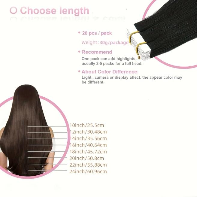 20Pcs 30g Seamless Tape-In Human Hair Extensions, Straight Skin Weft Remy Hair, Invisible & Natural Look, 12-28 Inch Lengths for Women