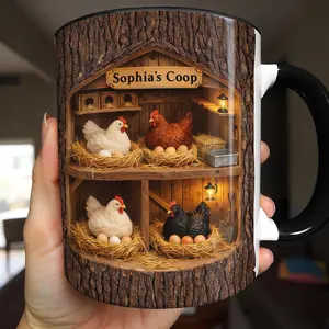 Sophia’s Coop Chickens Eggs Mug Custom Name Gift, (Leave Note at Checkout), 2D Printed 3D Effect Coffee Cup, Farm Chicken Coop Theme Mug, Poultry Lover Gift Idea, Rustic Farm Keepsake, 11oz Ceramic Mug