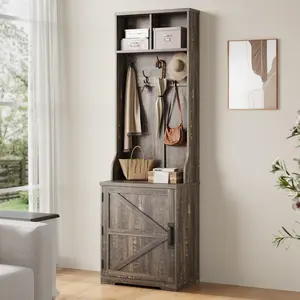 Garvee Farmhouse 3-in-1 Hall Tree with Shoe Storage Bench and 6 Hooks, Entryway Mudroom Bench with Storage and Standing Coat Rack for Entryway or Bedroom in Rustic Oak Finish