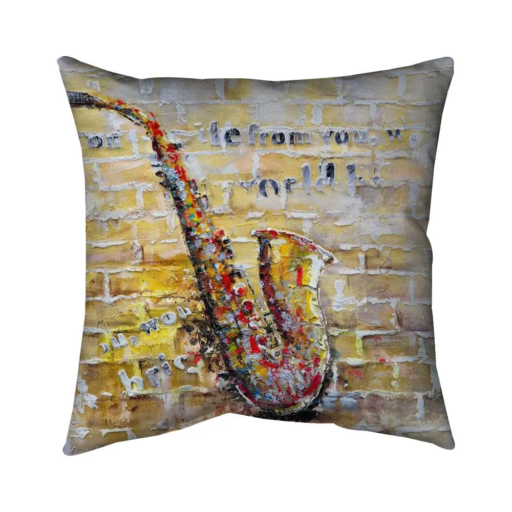 Begin Home Decor 5542-2020-MU9 20 x 20 in. Saxophone on Brick Wall - Yellow Instrument Outdoor Throw Pillow