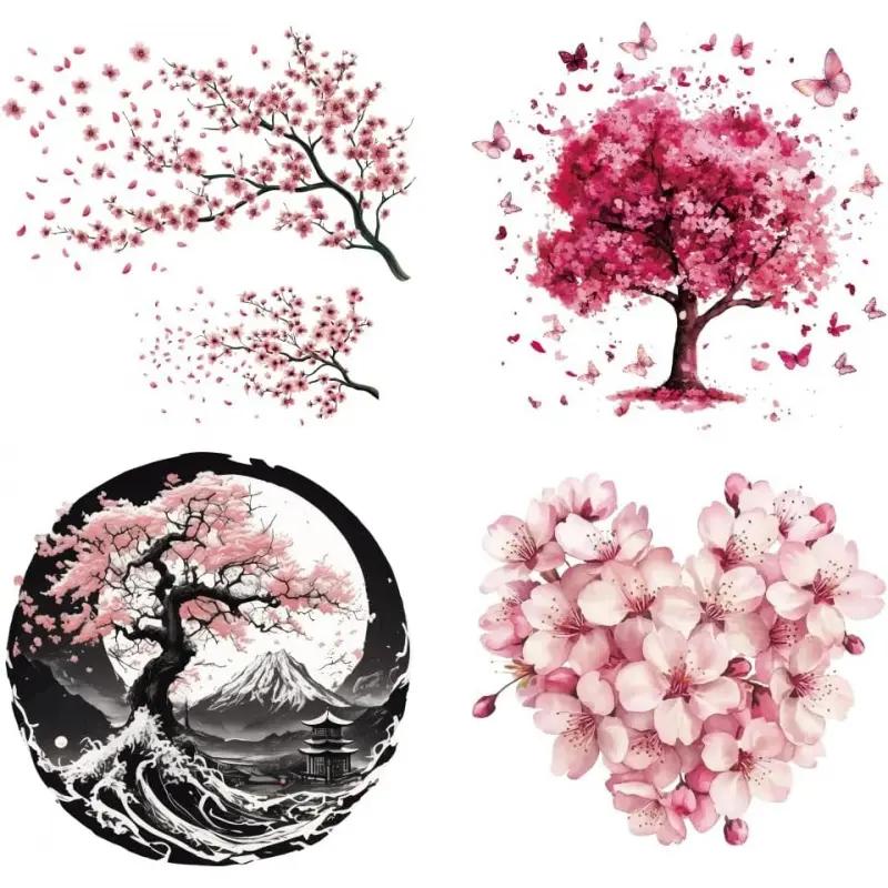 4 Pcs Cherry Theme Iron on Decals Patches, Japanese Style Cherry Blossom Tree Branch Heart Cherry Heat Transfer Stickers Plastic Washable Patches for DIY Clothes Decor Backpacks Cover