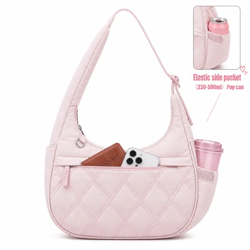 Five Seasons Home Quilted Crescent Shoulder Bag for Women Soft Nylon Multi-Pocket Everyday Organizer Lightweight Chic Design Pink Multifunctional with Elastic Side Pocket Casual Commuter Bag
