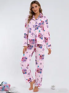 Women's Printed Lapel Long Sleeve Pajamas Set, Cartoon Anime Pattern Homewear, Couple Matching Sleepwear, Casual Loungewear