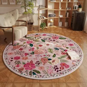 Pink Floral Pattern Area Rug for Living Room, Non-Slip Soft Round Carpet Enhancing Home Decor, Ideal Bedroom Flooring Accessory for Summer & Fall