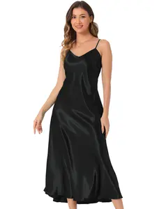 INSPIRE CHIC Satin Sleeveless Dresses Women's V Neck Spaghetti Strap Evening Party Silky Maxi Dress