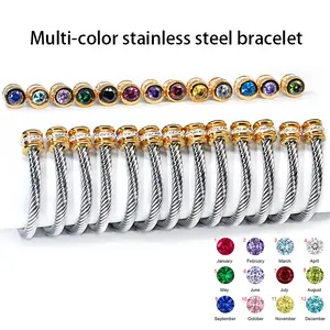 Personalized Cable Cuff BraceletUnisex Casual Fashion Stainless Steel Birthstone Cuff Bracelet, Rhinestone Design, Zinc Alloy Chain, All Seasons Wear, Rhinestone Bangle Bracelet Gift for her
